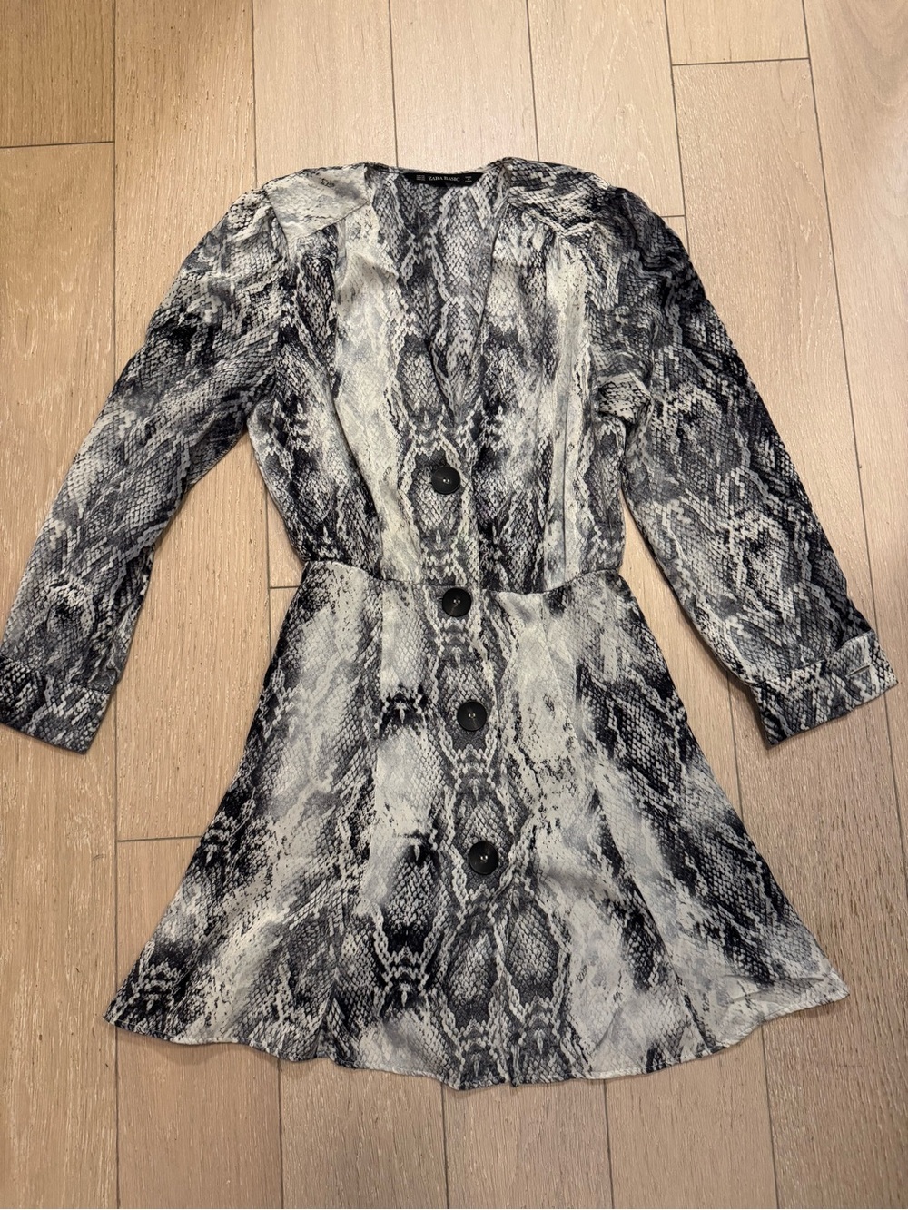 Zara Long-Sleeve Snake-Print Button Dress